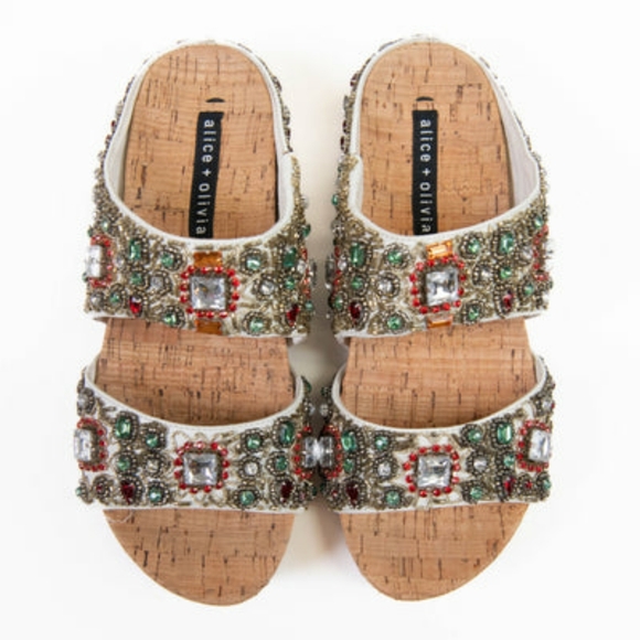 Alice+Olivia Multi Color Crystal Cork Brianna Platforms Sandals - Picture 1 of 8